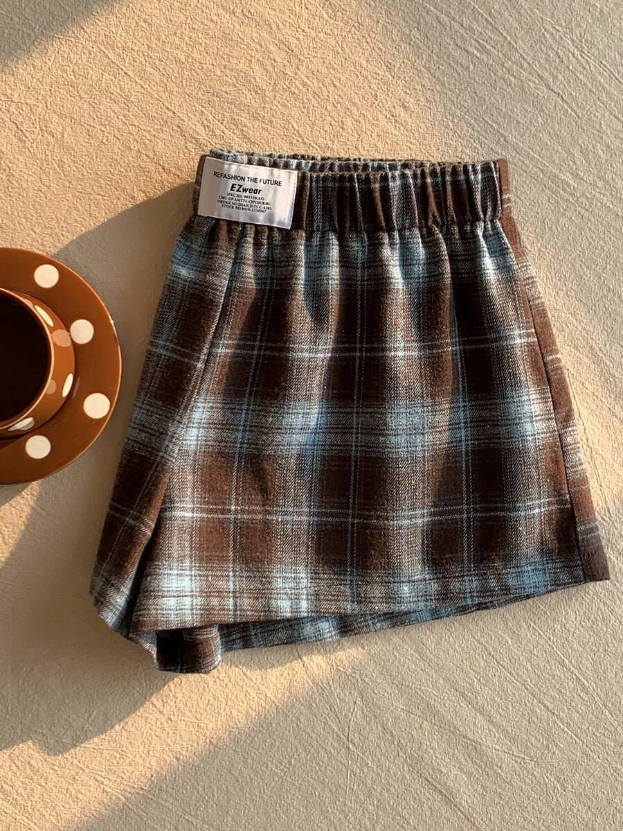 Comfortcana 女式格子印花贴片松紧腰休闲短裤 - 卡其色 - 查看 1