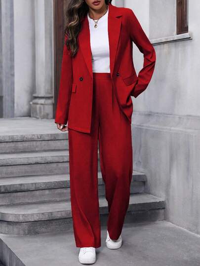 EMERY ROSE Women's Fashionable Solid Color Lapel NeckDouble-Breasted Suit Set Red Suits For Woman Red Blazer Women Women Suits Pants Suit Women Red Outfit