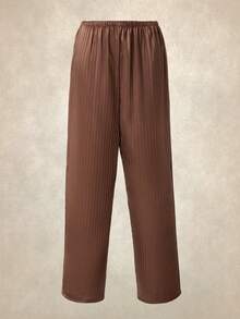 EverLounge 优雅翻领缎面提花简约针织长袖上衣和裤子睡衣套装，女士时尚秋冬服装 - 卡其色 - 查看 5