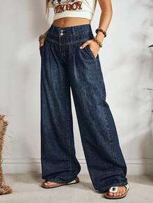 EMERY ROSE Damskie jeansy z szerokimi nogawkami i kieszeniami, luźne, uniwersalne - Ciemny jeans - Zobacz 5