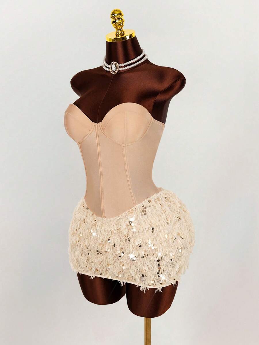 Amplova Solid Color Sequin Patchwork Strapless Sexy Sleeveless Dress,Party Dresses For Women - Apricot - View 1