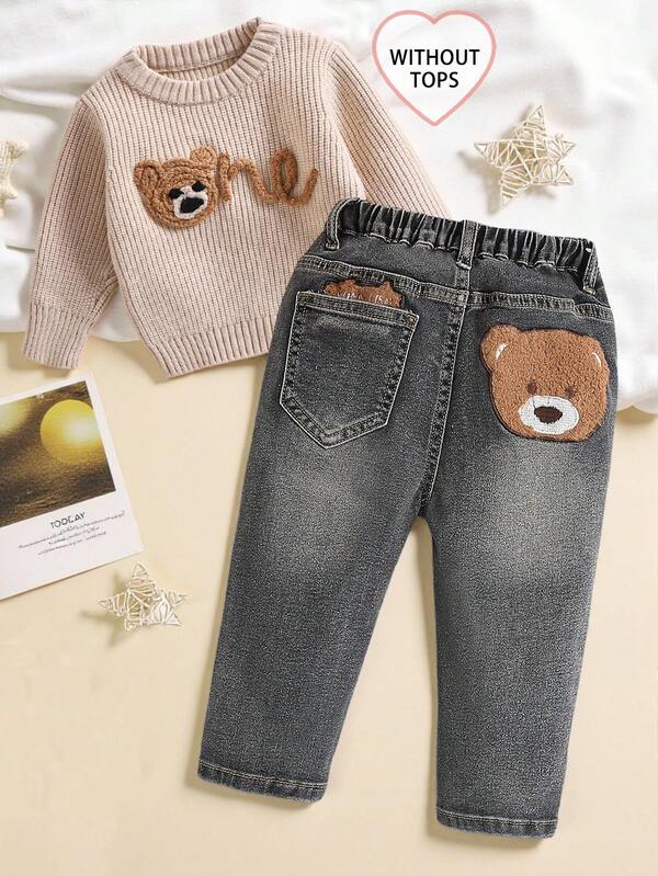 SHEIN Playful Pals 2025 Nouveauté Automne/Hiver Pantalon en jean élastique pour bébés garçons avec design de broderie d'ours en peluche, jean slim décontracté et confortable, convient pour le port quotidien, les fêtes, Halloween et autres occasions