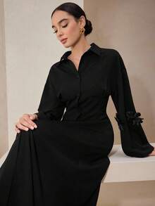 Graceveil Elegant Pleated Waist Floral Decor Long Shirt Dress, Suitable For Party And Commute, Autumn/Winter - Black - View 4