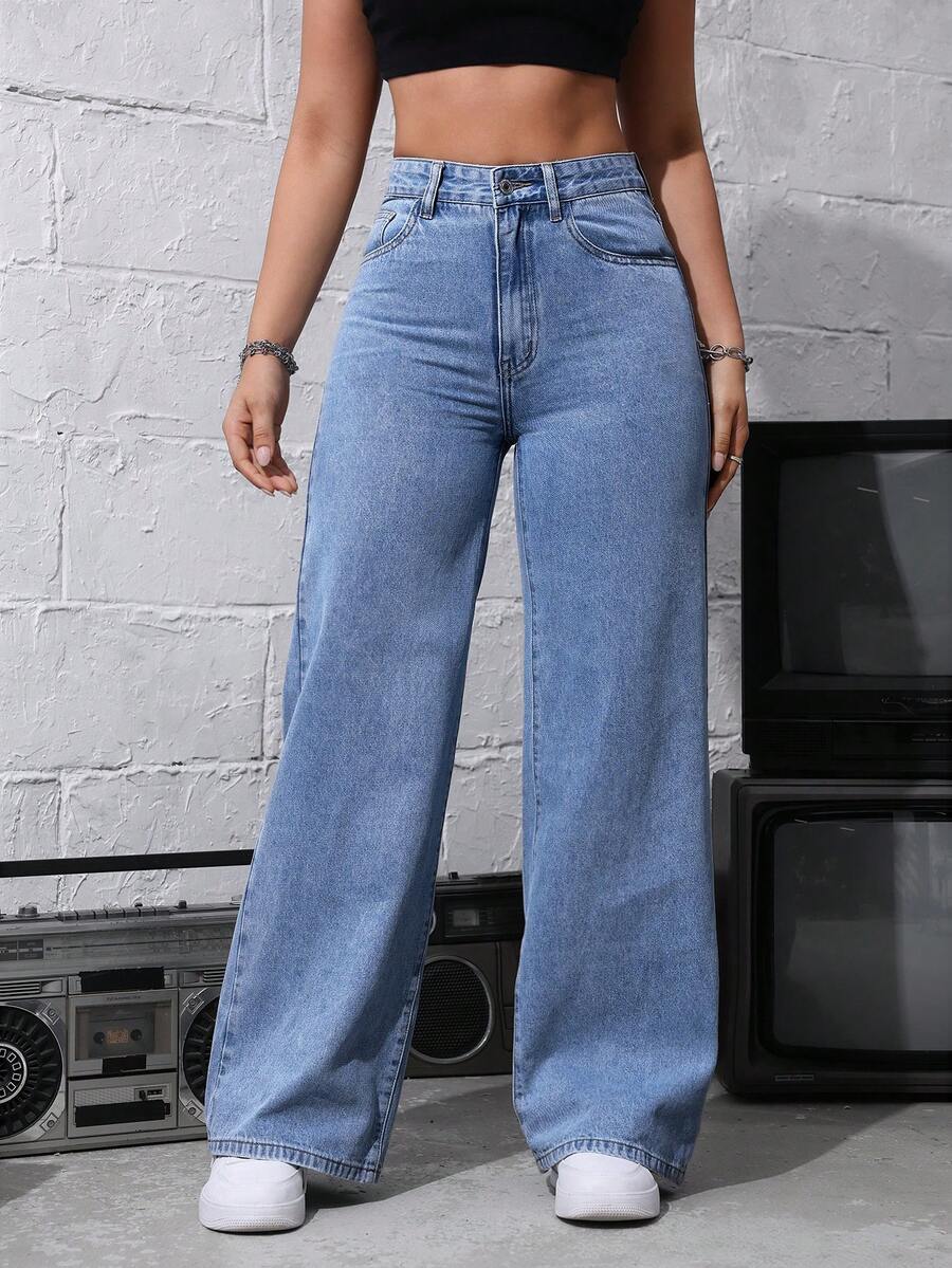 SHEIN ICON Quần jean ống đứng không co giãn màu nâu dành cho nữ cỡ lớn, thường ngày - Rửa nhẹ - Xem 1