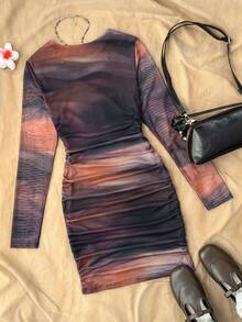 Teen Girl Tie-Dye Print Crew Neck Long Sleeve Ruched Fitted Fashionable Dress - Black - View 2