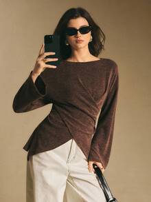 Poéselle 女士棕色T恤，裹身式上衣，后腰系带长袖宽松上衣，女士时尚通勤交叉裹身腰部T恤，休闲T恤，秋冬季 - 杏色 - 查看 5