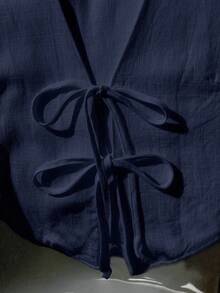 Comfortcana 大码女式纯色前系带宽松休闲背心衬衫 - 藏蓝色 - 查看 5