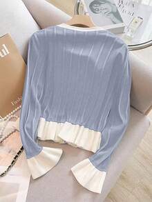 Franclia Ny mjuk och elegant stickad kofta med utsvängda ärmar och volangkant för kvinnor, vår/höst - Blåröd - Visa 2