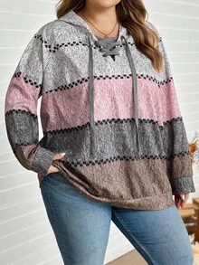 SHEIN CURVE+ 大码女式针织V领印花卫衣，秋冬季感恩节新年冬季狂欢派对 - 彩色 - 查看 4