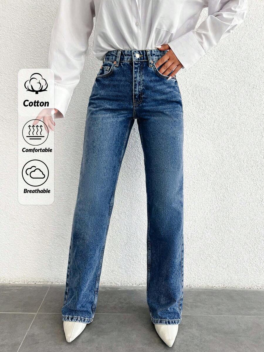 EURMUSE 100%纯棉高腰直筒牛仔裤 PETITE - 寶藍色 - 查看 1