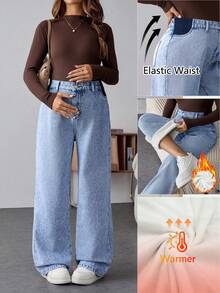 SHEIN Umstandsmode lässige weite Jeans mit Taschen für Herbst Winter Halloween Weihnachten Neujahr Thanksgiving Pendeln Urlaub Y2K süßer Streetwear Techno Geburtstag thermisch gefütterte Jeans Damen bequeme warme thermisch gefütterte hellblaue Jeans mit Gummibund für den Winter Freizeitmode