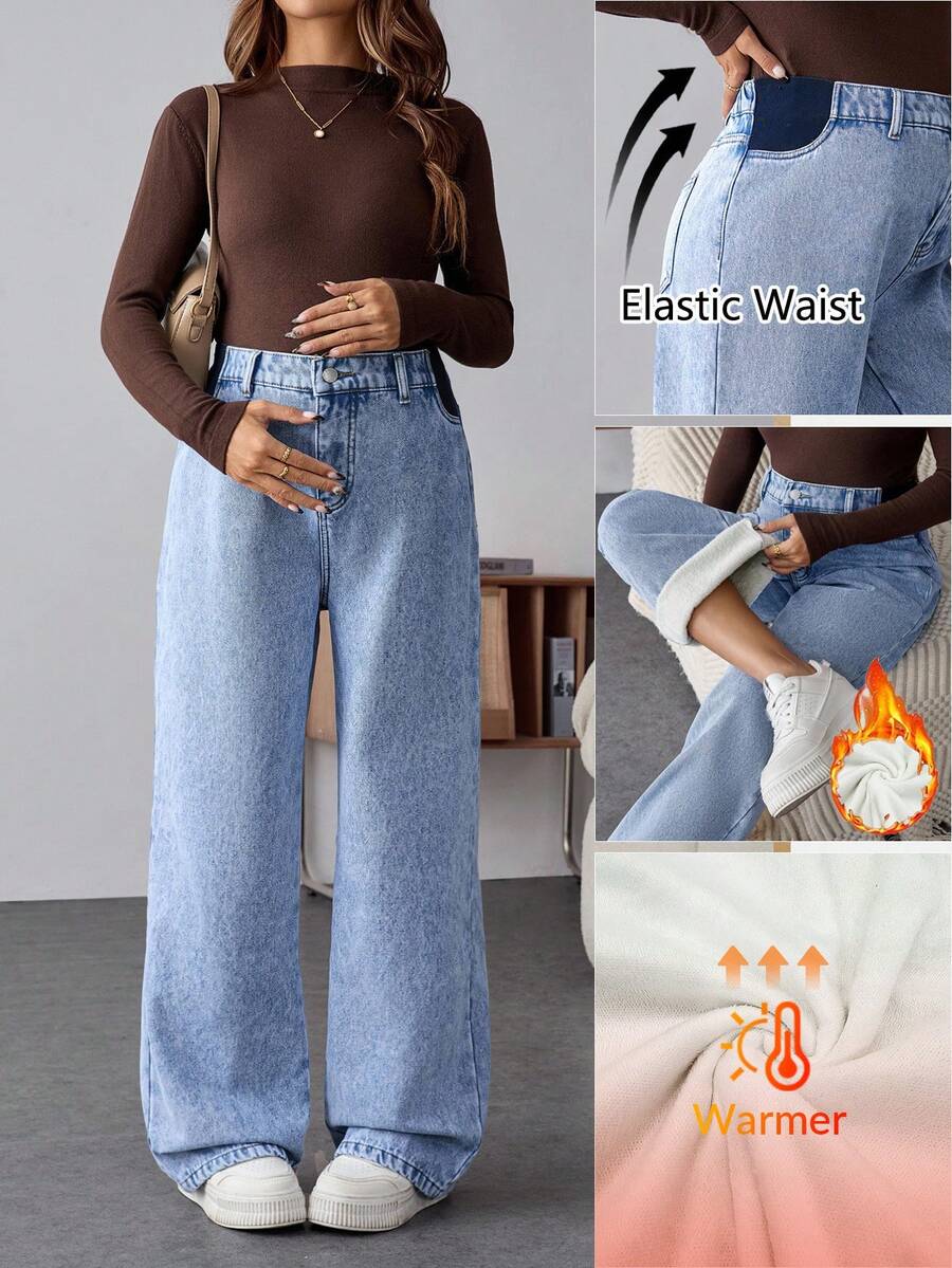 SHEIN Umstandsmode lässige weite Jeans mit Taschen für Herbst Winter Halloween Weihnachten Neujahr Thanksgiving Pendeln Urlaub Y2K süßer Streetwear Techno Geburtstag thermisch gefütterte Jeans Damen bequeme warme thermisch gefütterte hellblaue Jeans mit Gummibund für den Winter Freizeitmode