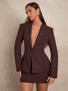 SHEIN Glamour Glamour Women's Brown Waist Notch Collar Suit Jacket With Simple Pencil Skirt Suit, Women's Elegant Commuter Versatile Brown Office Suit, Women's Brown Suit, Women's Skirt Suit Women At Work Vintage Two-Piece Settrendy Basic Retro Chic Minimalist Style Long Sleeve Top Girly Cool Fit Style Affordable Fashion Women Suit