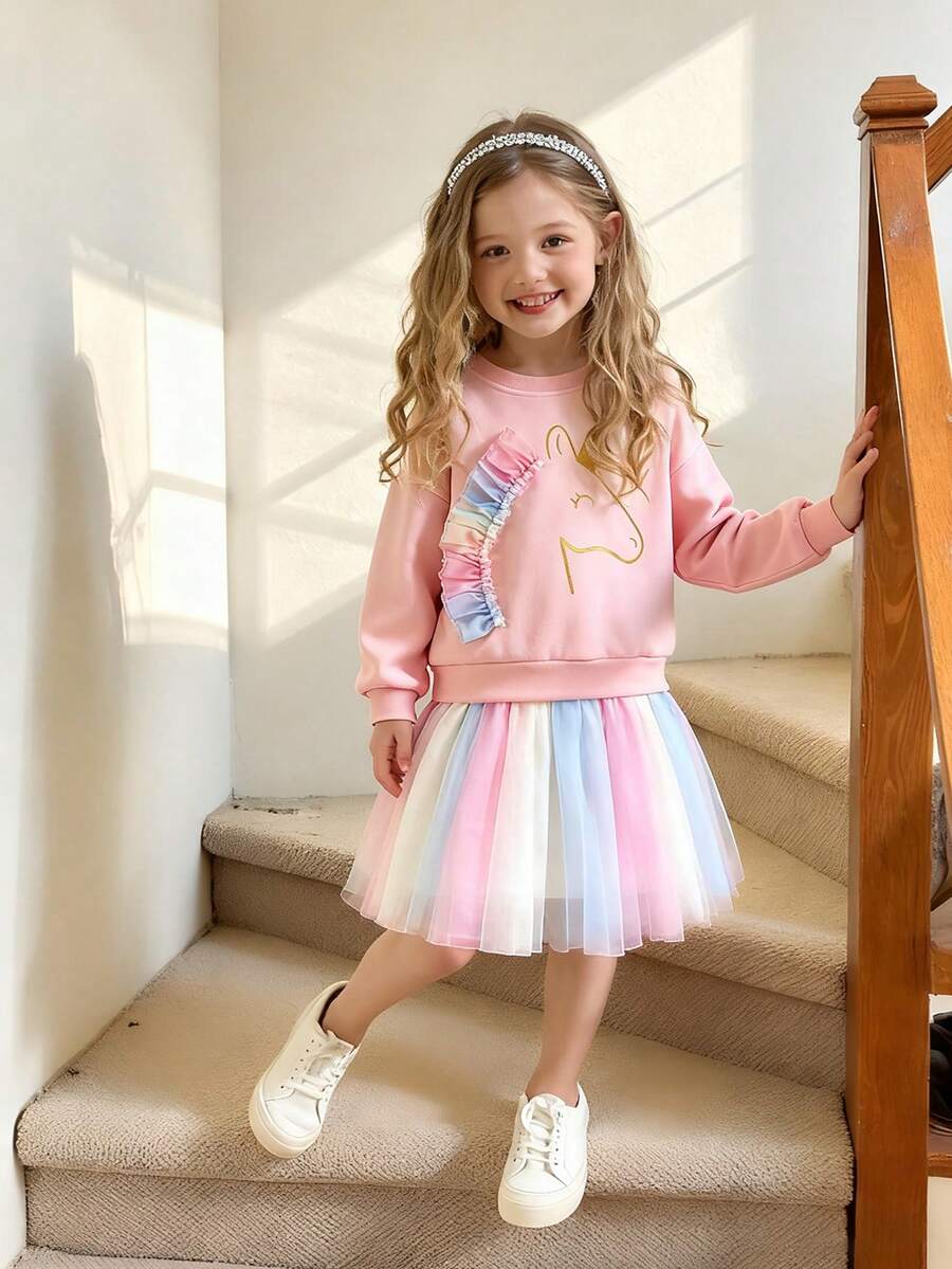 Elladie kids 女小童獨角獸印花漸層網紗荷葉邊洋裝 - 粉色 - 查看 1