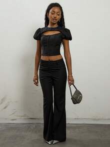 COUREZ Low Rise Slim Flare Fit Trousers With Hook And Eye Closure /Y2K Fall Clothes For Women Winter Clothes For Women Going Out Outfits Party Outfit New Year Black Pants Sexy Elegant - Black - View 2