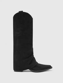 CUCCOO BIZCHIC 黑色尖头及膝靴 | 慵懒绒面革纹理 | 中粗跟 | 轻松时尚风格 | 2 双，高级皮革外观 - 黑色 - 查看 2