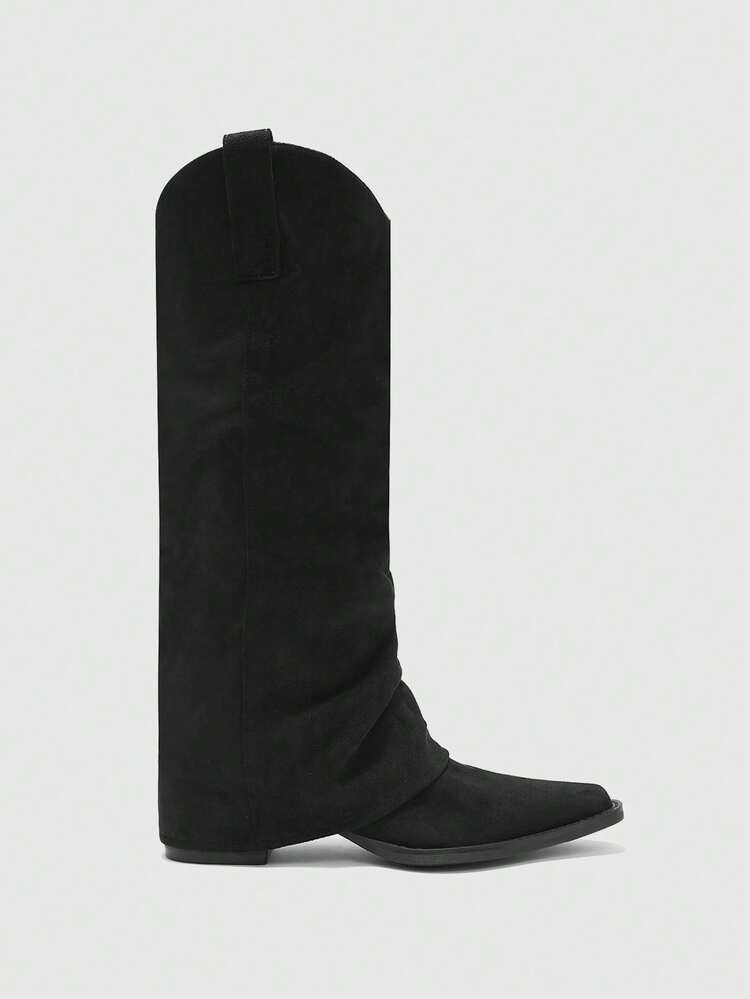 CUCCOO BIZCHIC Black Pointed-Toe Knee-High Boots | Slouchy Suede Texture | Mid Chunky Heel | Effortless Chic Style | 2 Pairs, Premium Leather-Look