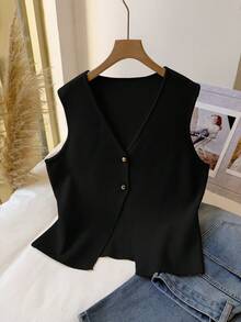 CosyJoli 秋冬大码舒适休闲优雅金属扣针织无袖毛衣背心 - 黑色 - 查看 6