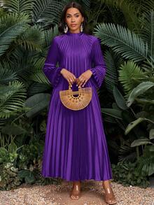 SHEIN Lady New Plus Size Women's Purple Solid Color Stand Collar Drop Shoulder Long Sleeve Loose Pleated Casual Dress Women Church Dress Pleated Maxi Dress Pleated Dress Maxi Long Sleeve Dress Purple Maxi Dress Christmas Dress Winter Dress Women  Four Season Dress Stylish Clothing Collection - Purple - View 5
