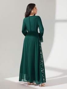 Modelyn 女式网眼刺绣拼布雪纺长袖喇叭连衣裙 - 墨綠色 - 查看 8