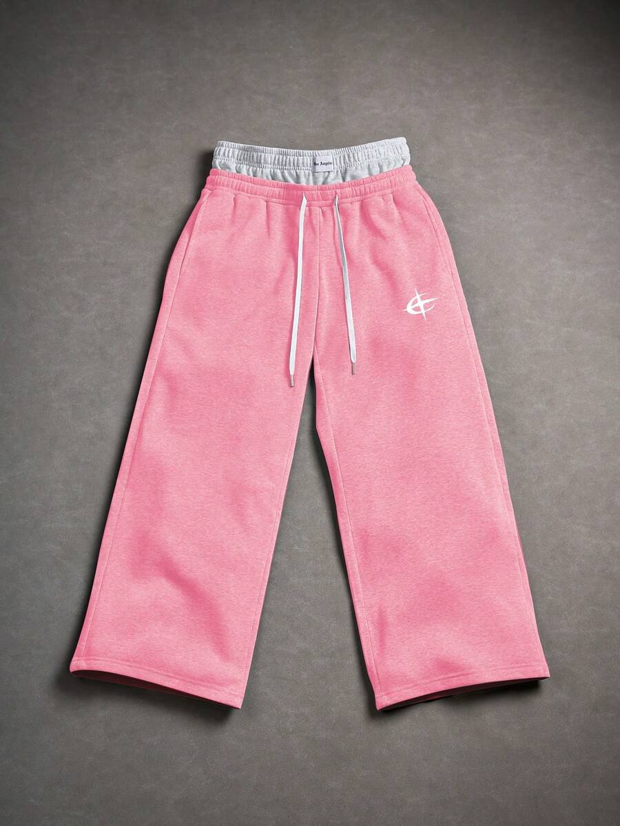 Manfinity EMRG 男士街头，Ins 搭配高街嘻哈二合一腰带小印花图案腰带小英文标志宽松灰色运动裤，1 条直腿，适合所有季节搭配，适合日常搭配滑板嘻哈，男友老公礼物，街头服饰，Y2K - 粉色 - 查看 1