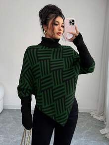 Women's Elegant High Neck Geometric Textured Poncho Sweater, Colorblock, Suitable For Home & Travel, Spring/Autumn - Dark Green - View 3