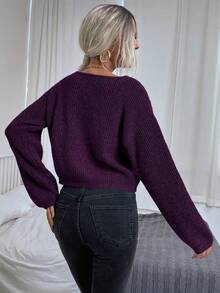 EMERY ROSE Women's Solid Color Minimalist Casual Crew Neck Long Sleeve Sweater - Purple - View 2