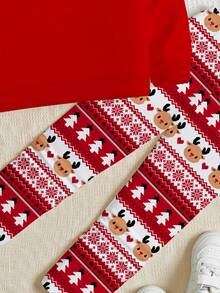 SHEIN 2 件套年轻女孩休闲圣诞可爱卡通驯鹿印花红色喜庆圆领长袖运动衫和紧身裤套装，适合秋冬季 - 彩色 - 查看 6