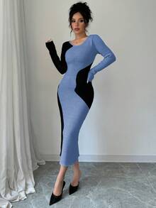 Elenzga Women's Elegant Colorblock Ribbed Knit Sweater Dress, Autumn/Winter - Blue - View 3