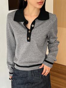 DAZY Women's Contrast Color Pullover Sweater, Elegant Long Sleeve Knit Top - Grey - View 3