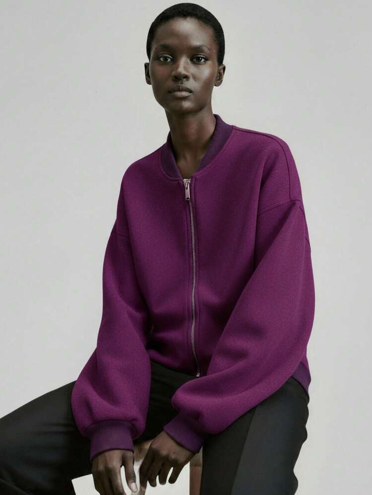 Dark Purple,Autumn,Chic,Everyday Women's Elegant Baseball Jacket,Oversized Metal Zipper Lantern Sleeve Sporty Coat,Vintage Urban Business Casual,Solid