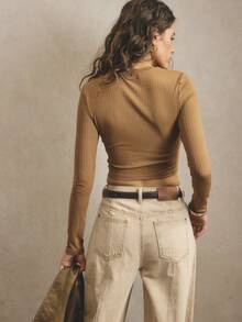 Aralina T-shirt corta casual da donna a maniche raglan con collo rotondo e vestibilità aderente, tinta unita - Castano - Visualizzare 2