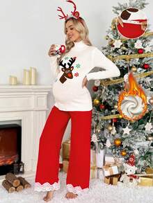 SHEIN 2pcs Maternity Casual Reindeer Print Turtleneck Long Sleeve Top And Pants Set, Autumn Maternity Christmas Outfit Pregnancy Christmas Clothing Maternity Christmas Set Christmas Sweater Women Reindeer Christmas Outfit