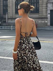 DAZY 女士露背系带深V领修身连衣裙，夏季吊带裙 - 棕色 - 查看 2