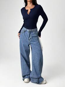 SHEIN EZwear Plus Size Casual Solid Color Long Sleeve Bodysuit Autumn/Winter,Christmas,New Year,Thanksgiving,Party,Wedding,Beach,Graduati,Chic,Elegant,Casual,Going Out,Date,Appointment,Commute - Navy Blue - View 3