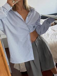 Livesso Striped Loose Long Sleeve Button Down Boyfriend Shirt For Women Summer,Back To School Clothes - Navy Blue - View 8