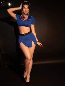 Fantasy Costume Bộ 3 đồ lót trang phục tiếp viên hàng không gợi cảm dành cho nữ - Màu xanh lam - Xem 3