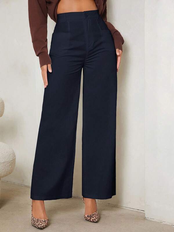 SHEIN Tall Pantalones rectos con pliegues de unicolor casual para mujer, adecuados para ir al trabajo