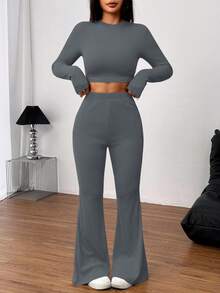 SHEIN EZwear 2 件套女式休闲纯色针织圆领长袖短款修身 T 恤和高腰喇叭裤 - 灰色 - 查看 4