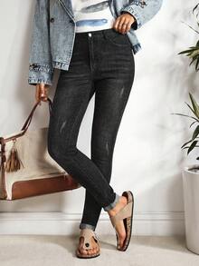 EMERY ROSE SpringHigh Waist Ripped Skinny Jeans Women Jeans High Waisted - الأسود - مشاهدة 4