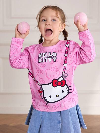 HELLO KITTY AND FRIENDS | SHEIN Young Girl Cartoon Kitty Cat Print Knit Loose Crew Neck Raglan Sleeve Pink Long Sleeve T-Shirt Cute Long Sleeve Shirts Girls