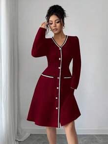 Rafferiza 女式 V 领长袖收腰撞色饰边 A 字中长连衣裙，秋冬 - 酒紅色 - 查看 8
