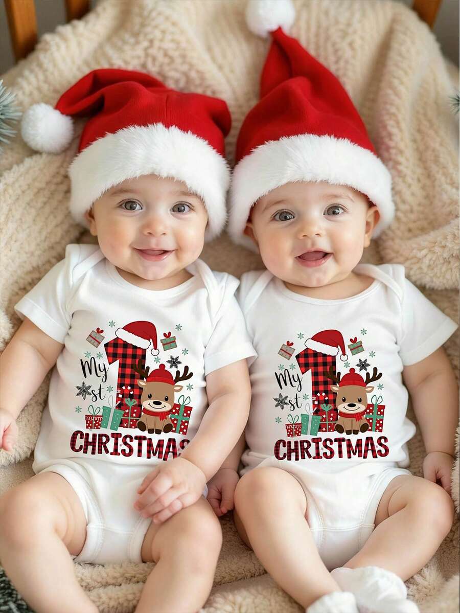 SHEIN Playful Pals Christmas Newborn Baby Boy Fashionable Creative Cartoon Cute Reindeer Red & Black Plaid Numeral Graphic Funny Slogan Print Round Neck Short Sleeve Bodysuit, Suitable For All Seasons - White - View 1
