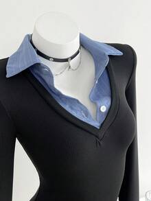 Elamini 女式条纹拼布长袖修身休闲衬衫 - 黑色 - 查看 5