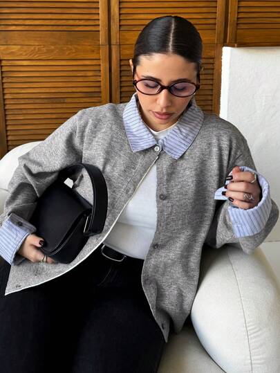 Dazy Plus Áo len cardigan cổ bẻ phối màu thời trang thường ngày, cỡ lớn cho nữ, thu/đông