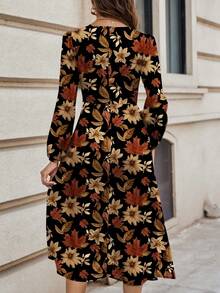 SHEIN Clasi Casual Minimalist Autumn Leaf Print Dress, Brown, Suitable For Autumn/Winter - Multicolor - View 2
