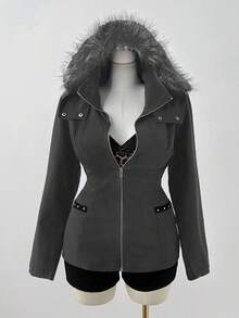 Sunspun 大码秋冬翻领连帽仿皮草前开金属拉链真口袋长袖铆钉优雅复古可爱朋克休闲夹克外套 - 深灰色 - 查看 5