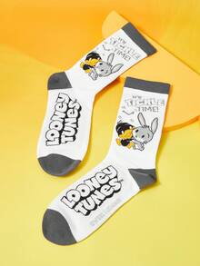 LOONEY TUNES X SHEIN Damen Socken mit Buchstaben- und Cartoon-Muster in Farbblock - Weiss - Übersicht 2