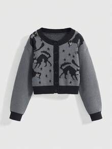 ROMWE Goth Cárdigan de mujer casual con estampado de gato y estrella en jacquard, cuello redondo, hombros caídos y manga larga - Gris Oscuro - Ver 1
