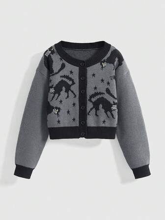 Goth Cárdigan de mujer casual con estampado de gato y estrella en jacquard, cuello redondo, hombros caídos y manga larga
